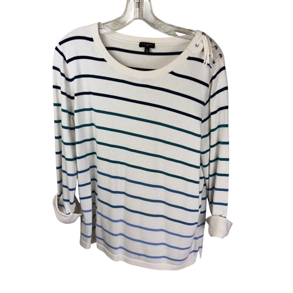 Talbots Womens Sweater Cream‎ Blue Stripe Lace Up Shoulder Size XL